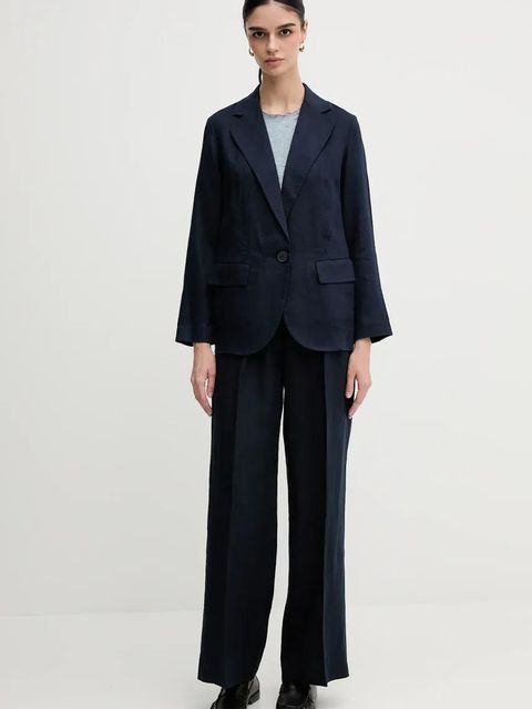 Sisley spodnie lniane kolor granatowy szerokie high waist