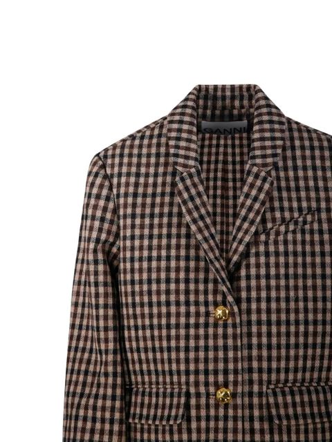 GANNI gingham check buttoned blazer - Brown