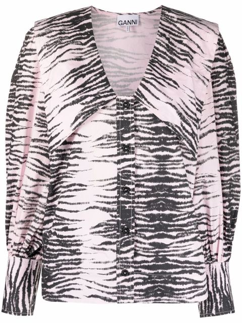 GANNI stripe print V-neck shirt - Pink