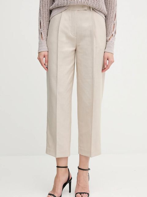 Tommy Hilfiger spodnie z domieszką lnu damskie kolor beżowy proste high waist WW0WW45461 - zdjęcie produktu nr 1