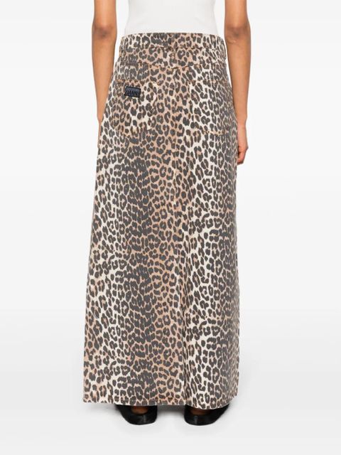 GANNI high-waisted leopard-print denim midi skirt - Neutrals