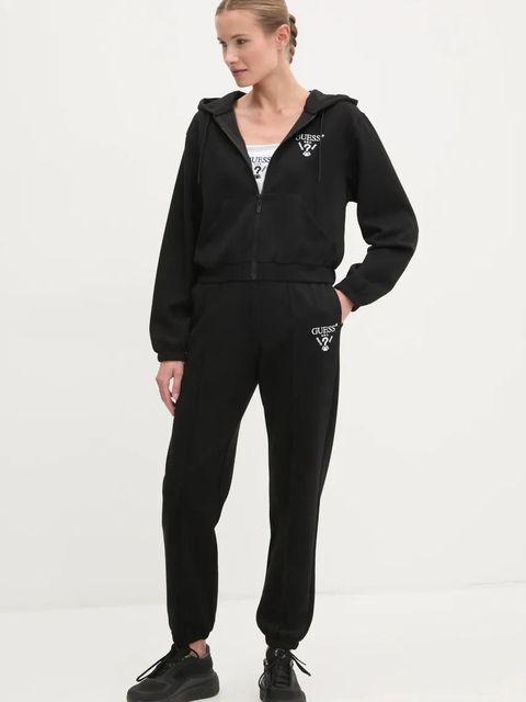 Guess bluza ROBERTA damska kolor czarny z kapturem z aplikacją V5RQ20 KC3D2