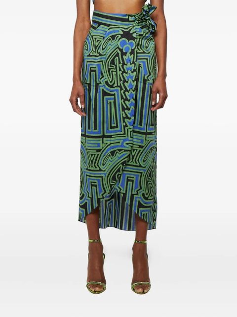 Johanna Ortiz abstract-print wrap midi skirt - Black