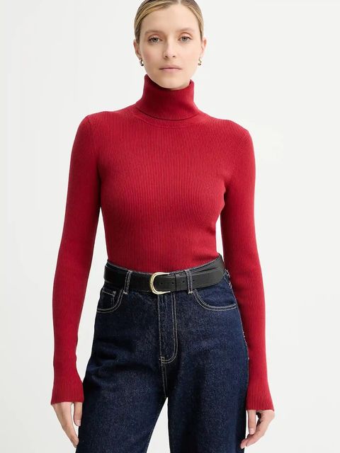 Calvin Klein Jeans sweter damski kolor bordowy lekki z golfem LV047D350G