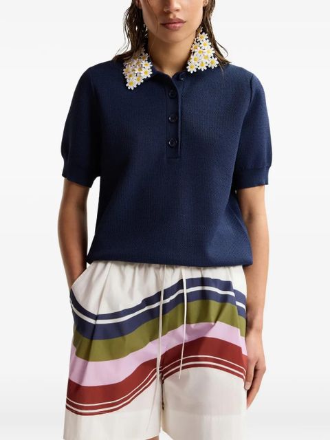 Essentiel Antwerp floral-embellished fine-knit polo top - Blue