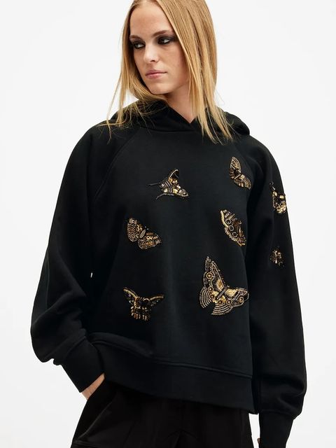 AllSaints bluza bawełniana TALON DIANA damska kolor czarny z kapturem z aplikacją W132JB