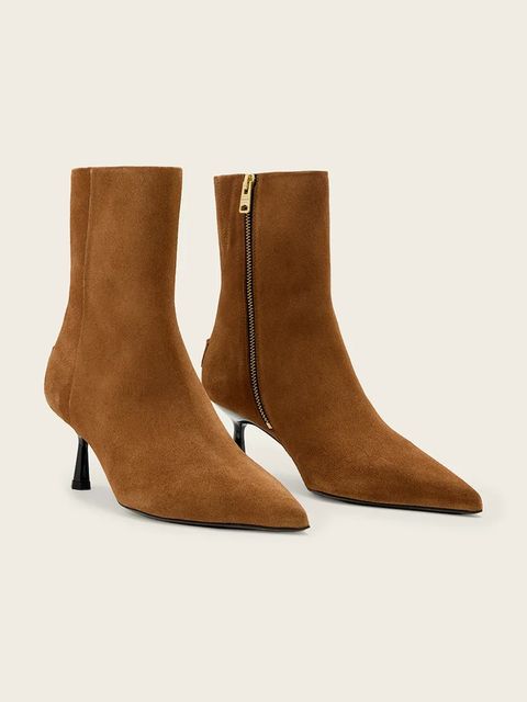 AllSaints botki zamszowe Vivian Suede Boot damskie kolor brązowy na szpilce W009FD