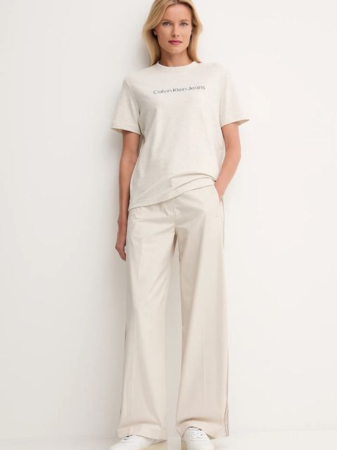 Calvin Klein Jeans spodnie bawełniane damskie kolor beżowy szerokie high waist LV044D612G