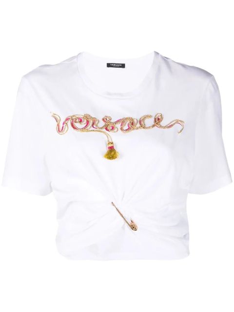 Versace embellished-logo safety-pin T-shirt - White - zdjęcie produktu nr 1