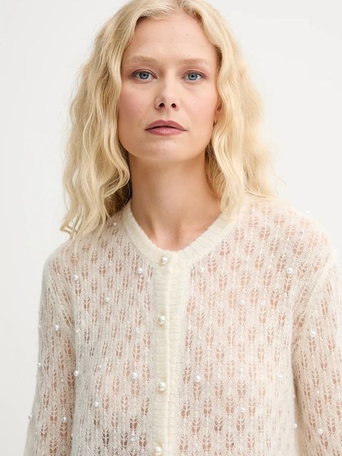 MUNTHE kardigan wełniany PERL damski kolor beżowy lekki 252162025274