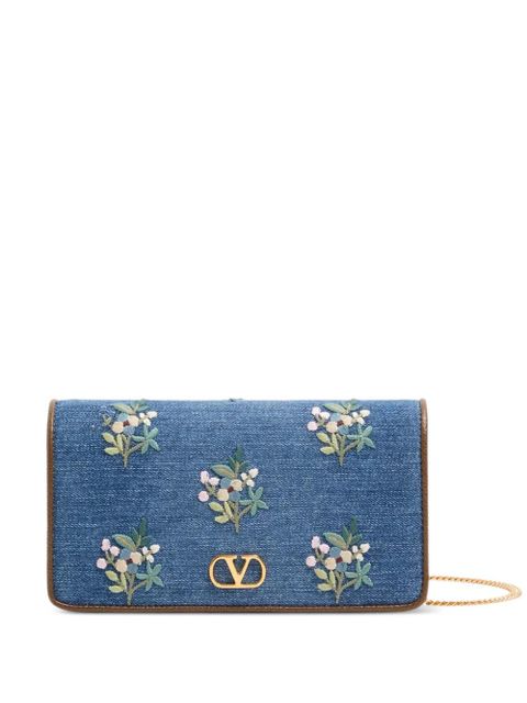 Valentino Garavani Vlogo Signature mini shoulder bag in denim with floral embroidery - Blue - zdjęcie produktu nr 1