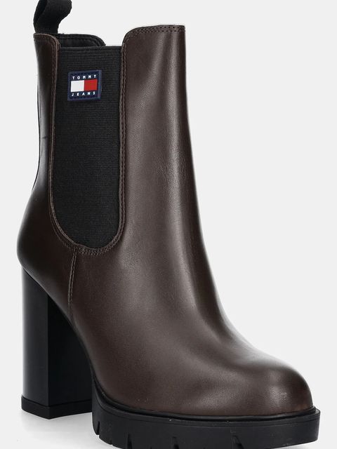 Tommy Jeans botki skórzane TJW LEATHER HEEL BOOT damskie kolor brązowy na słupku lekko ocieplone EN0EN02831 - zdjęcie produktu nr 1