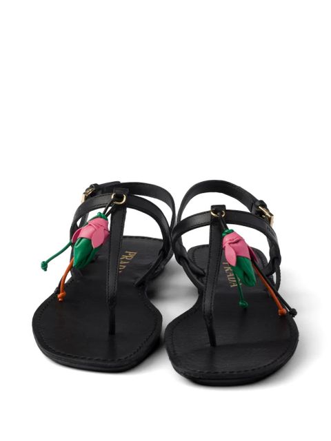 Prada antiqued leather thong sandals with floral ornament - Black