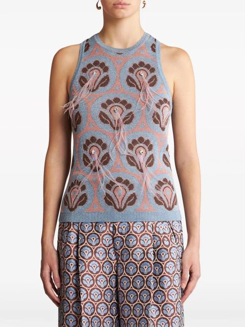 ETRO feather-embellished jacquard top - Blue
