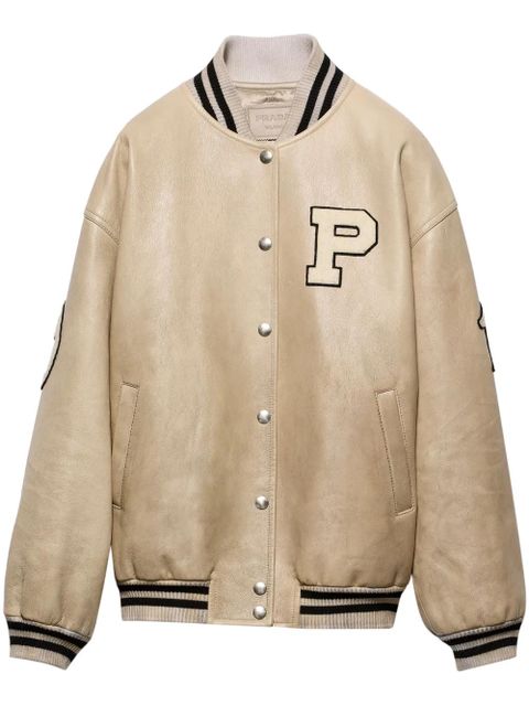 Prada logo-appliqué leather bomber jacket - Neutrals - zdjęcie produktu nr 1