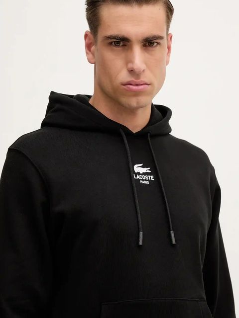 Lacoste bluza bawełniana kolor czarny z kapturem z nadrukiem SH2740