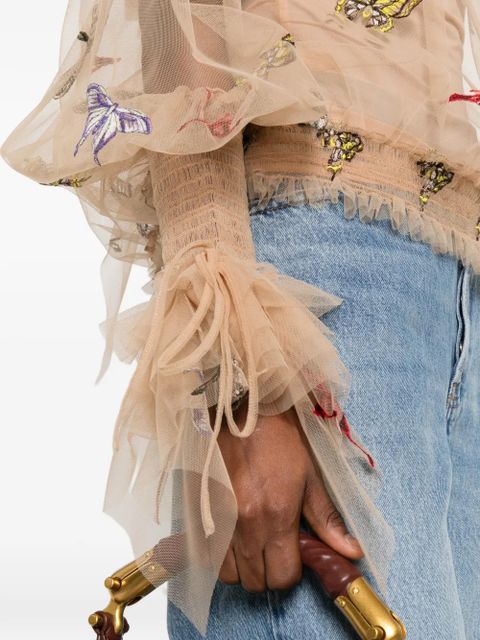 Blumarine butterfly-embroidered mesh blouse - Neutrals