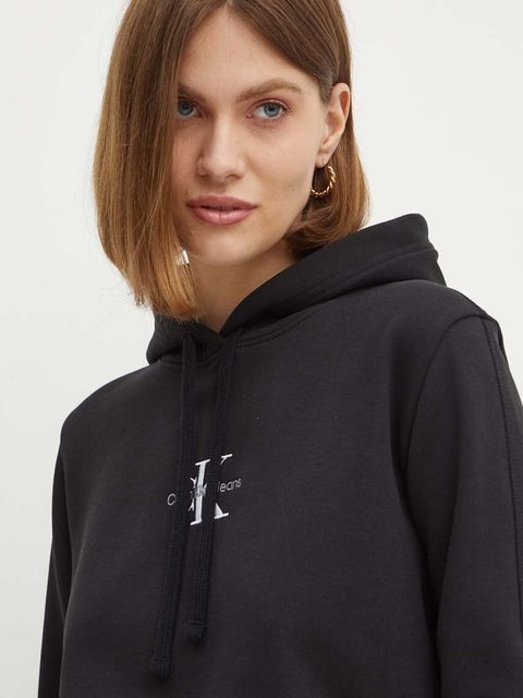 Calvin Klein Jeans bluza damska kolor czarny z kapturem z aplikacją J20J223536