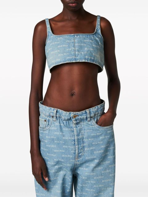Miu Miu logo-print denim crop top - Blue