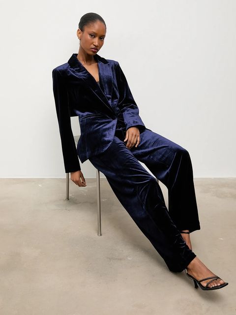 Answear.LAB spodnie welurowe damskie kolor granatowy szerokie high waist