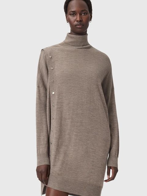 AllSaints sukienka wełniana UMI kolor beżowy mini dopasowana W071DD - zdjęcie produktu nr 1