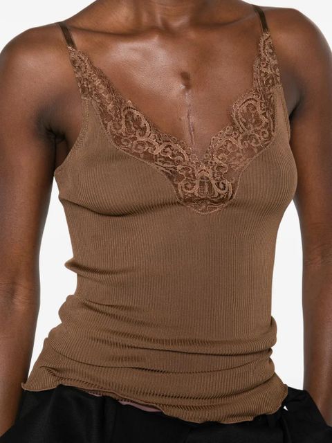 Saint Laurent lace-panel V-neck top - Brown