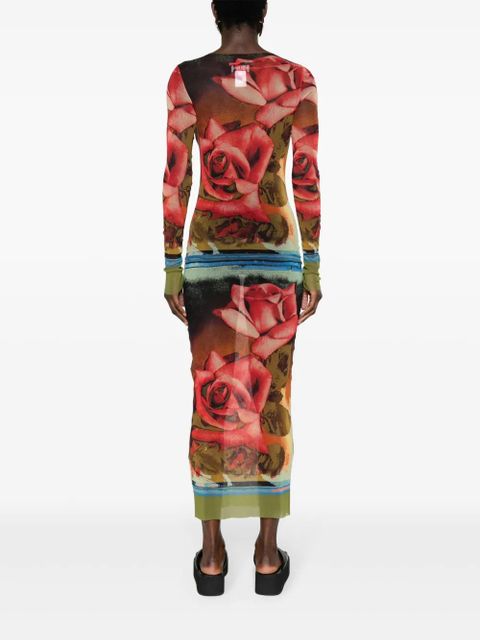 Jean Paul Gaultier rose-print mesh midi dress - Green