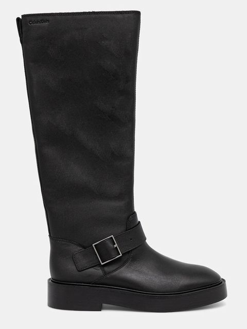 Calvin Klein kozaki skórzane CONCAVE WELT UKT BIKER PB damskie kolor czarny na płaskim obcasie YW0YW01972