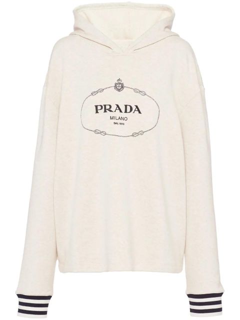 Prada logo-embroidered cotton fleece hoodie - Neutrals - zdjęcie produktu nr 1