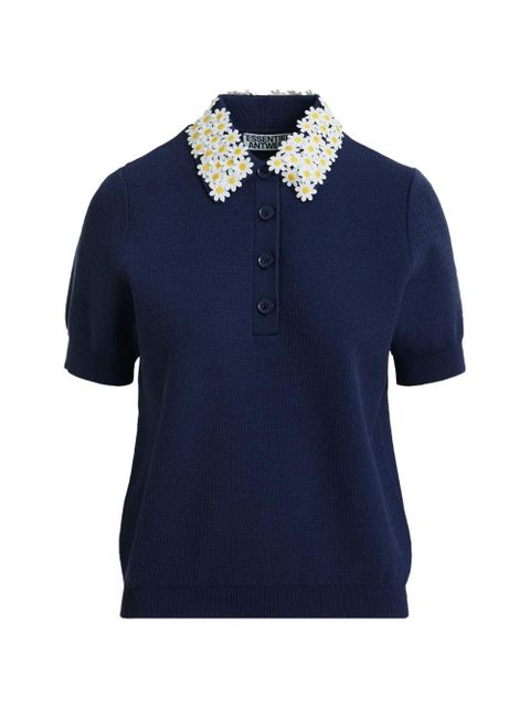 Essentiel Antwerp floral-embellished fine-knit polo top - Blue - zdjęcie produktu nr 1