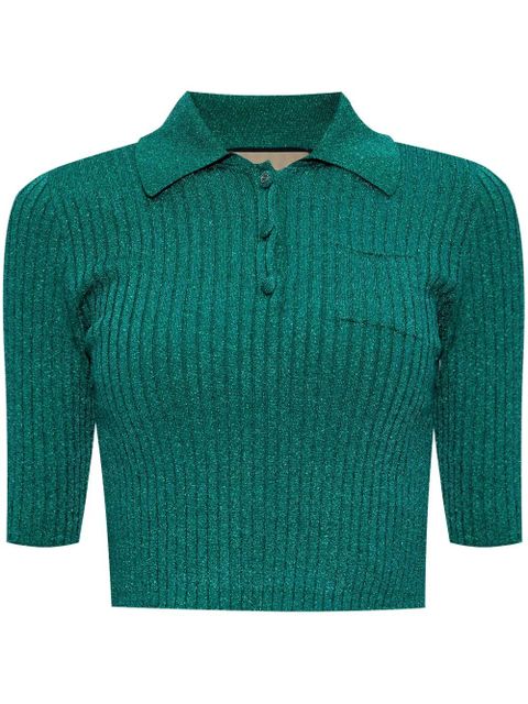 Gucci ribbed-lamé cropped polo shirt - Green