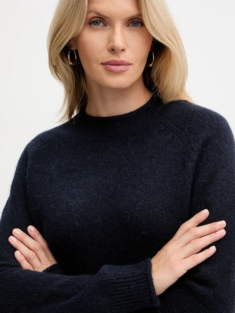 BOSS Orange sweter z dodatkiem wełny damski kolor granatowy lekki z półgolfem 50548930