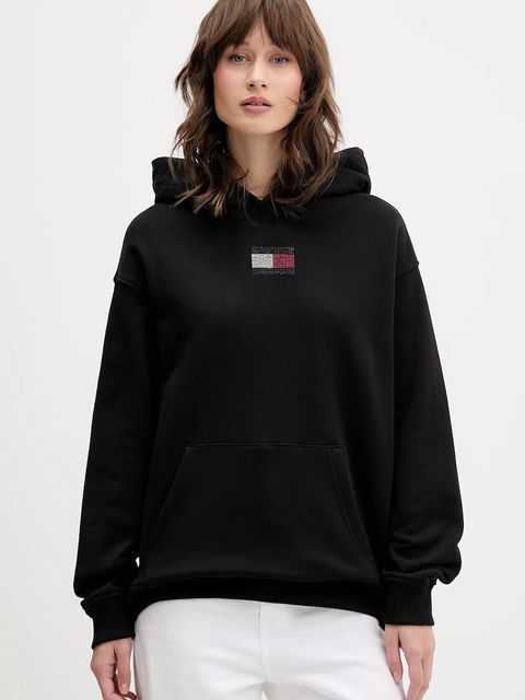 Tommy Jeans bluza bawełniana damska kolor czarny z kapturem z aplikacją DW0DW21605 - zdjęcie produktu nr 1