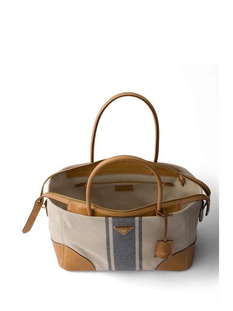 Prada large canvas and leather shopping bag - Neutrals