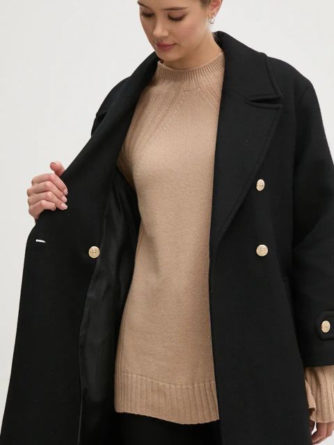 La Petite Française płaszcz wełniany PFMARITIME kolor czarny przejściowy dwurzędowy PFMARITIME