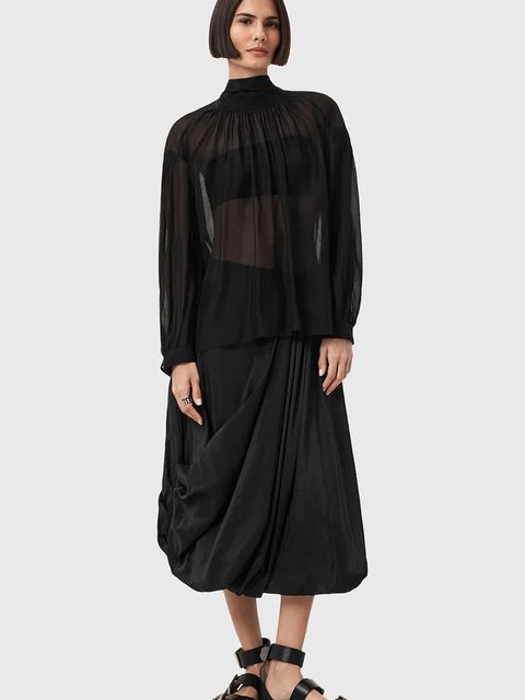 AllSaints bluzka z dodatkiem jedwabiu PEARLA damska kolor czarny gładka W027PD