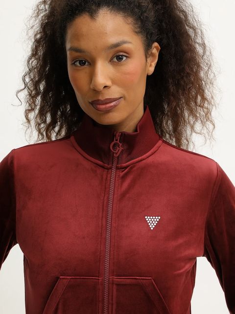Guess bluza welurowa COUTURE damska kolor bordowy gładka V3BQ22 K0232