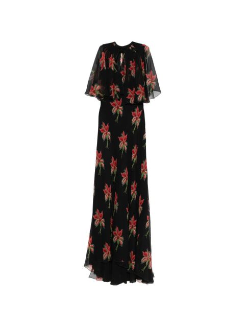 Valentino Garavani floral-print cape-sleeve dress - Black - zdjęcie produktu nr 1