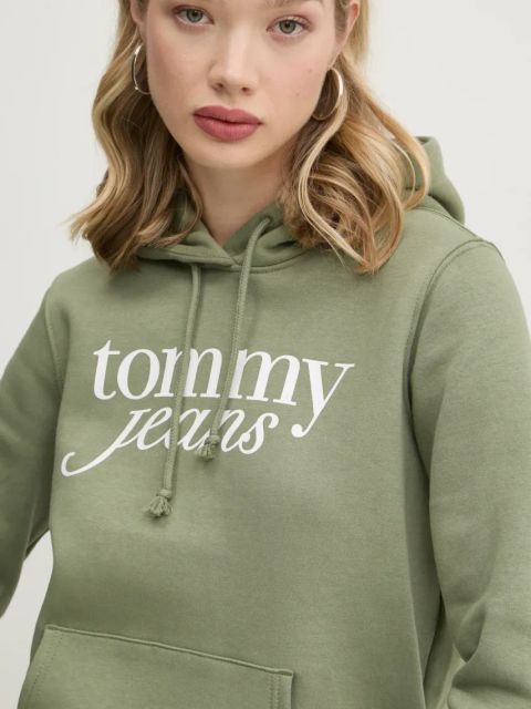 Tommy Jeans bluza damska kolor zielony z kapturem z nadrukiem DW0DW20170