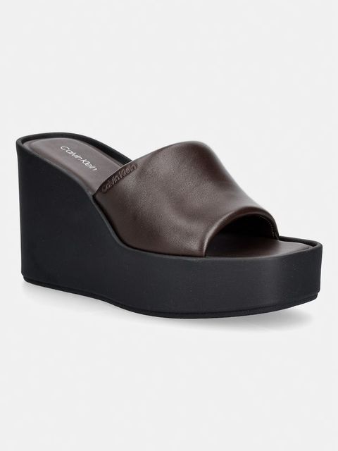 Calvin Klein klapki na koturnie damskie skórzane WEDGE 70 SNDL MULE LTH - zdjęcie produktu nr 1