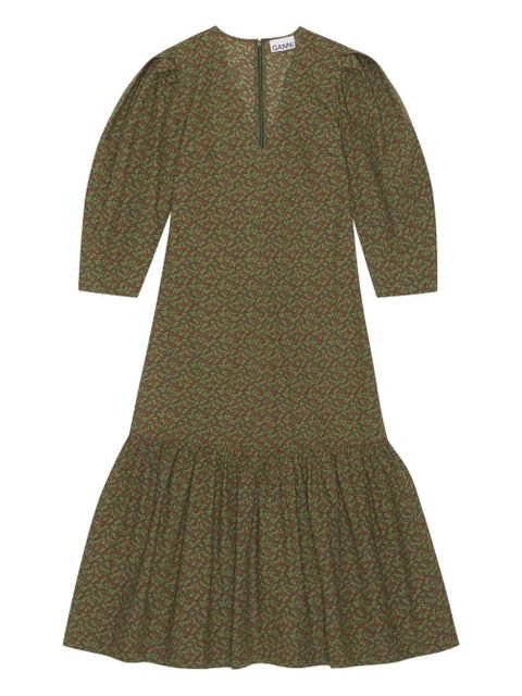 GANNI puff-sleeve floral-print midi dress - Green - zdjęcie produktu nr 1