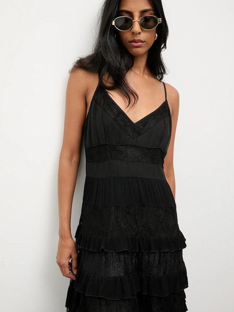 Answear.LAB sukienka z domieszką lnu kolor czarny maxi rozkloszowana