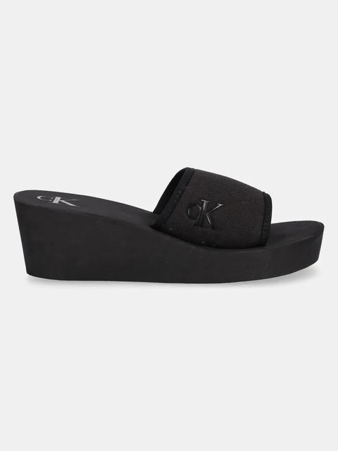 Calvin Klein Jeans klapki BEACH WEDGE SLIDE CANVAS damskie kolor czarny na koturnie YW0YW01725