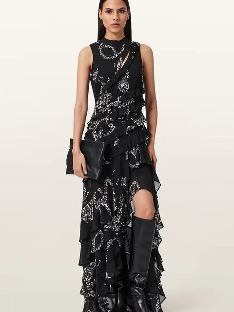 AllSaints sukienka wiskozowa CADY kolor czarny midi rozkloszowana W004DD - zdjęcie produktu nr 1