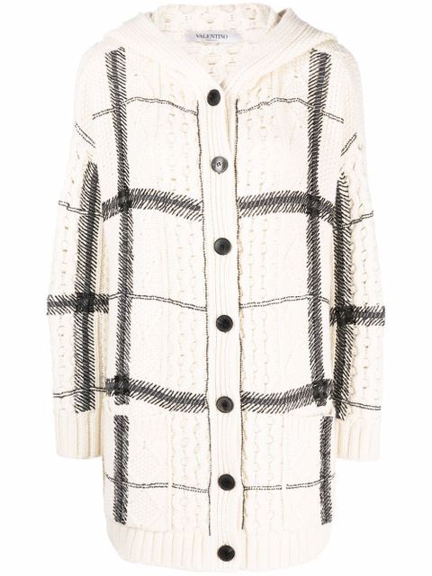 Valentino Garavani bead-embellished check-pattern hooded cardigan - White - zdjęcie produktu nr 1