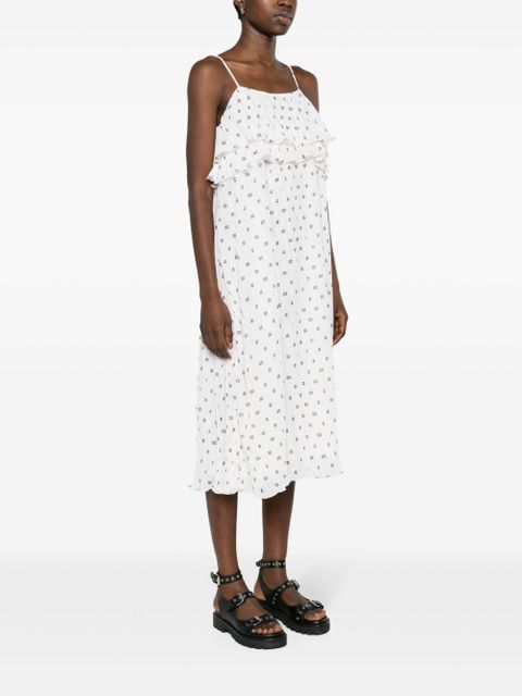 GANNI monogram-print plissé midi dress - White