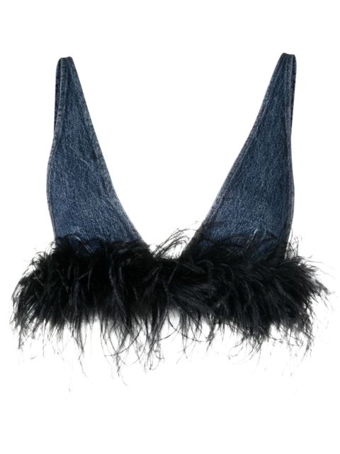 Miu Miu feather-trim denim top - Blue - zdjęcie produktu nr 1