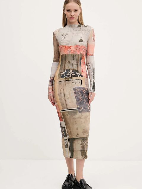 Desigual sukienka LYRA kolor beżowy midi prosta 25WWVK30 - zdjęcie produktu nr 1