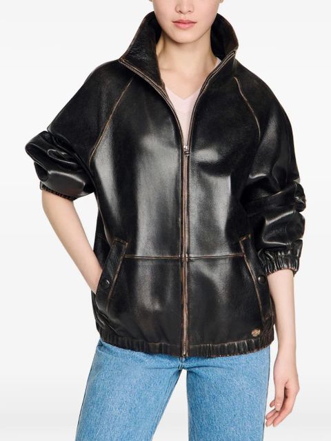 SANDRO leather bomber jacket - Brown