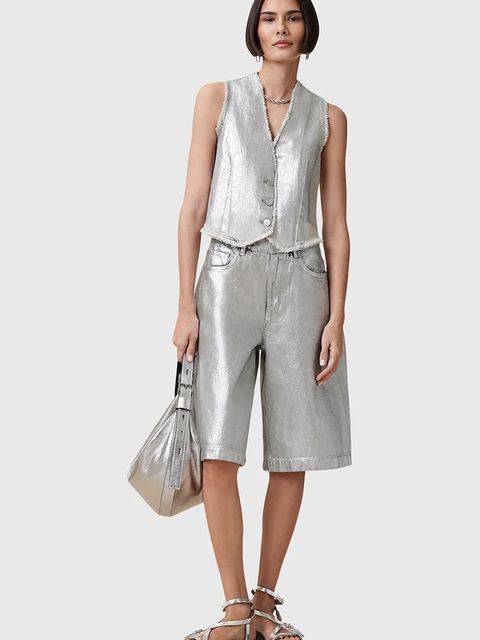 AllSaints kamizelka bawełniana ANDREA kolor srebrny przejściowa W127PC